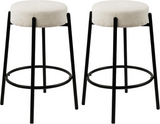 Modern Round Counter Height Stools with Soft Padded Boucle, 27.56" Seat Barstools with Black Metal Legs, White Bar Stool with Footrest for Kitchen Island