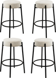 Modern Round Counter Height Stools with Soft Padded Boucle, 27.56" Seat Barstools with Black Metal Legs, White Bar Stool with Footrest for Kitchen Island