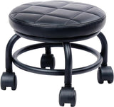 Low Height Rolling Stool with 360° Swivel Comfortable Leather Round Stool with Wheels for Home Cleaning Garage Stool Salon Outdoor Picnic Office Working Black