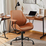 CLATINA Home Office Brown Chair PU Leather Desk Chair with Wheels, Mid Century Modern Office Chair with Armrests and Lumbar Support, Capacity 400lbs