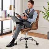 CLATINA Mid-Back Office Chair, Ergonomic Desk Chair with Arms Wheels, Soft PU Leather Swivel Rolling Adjustable Height Executive Computer Chairs, Retro Brown