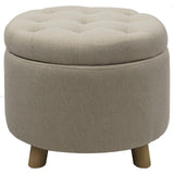 CLATINA 20'' Round Storage Ottoman with Storage, Linen Fabric Cushion Footstool with Removable Lid and Wooden Legs, Foot Rest Ottoman for Bedroom Living Room, Beige