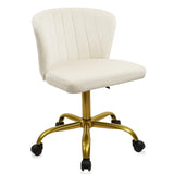 CLATINA Home Desk Chair Velvet Upholstered Gold Base Comfortable Ergonomic Armless Modern Vanity Chairs Adjustable Height with Wheels Swivel Task Chair for Study Living Room Bedroom, White