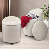 Round Storage Ottoman, Upholstered Velvet Vanity Stool with Lumbar Support, Swivel Rolling Wheels, Small Foot Stools Coffee Table Padded Seat for Makeup Room, Living Room, Bedroom (Beige)