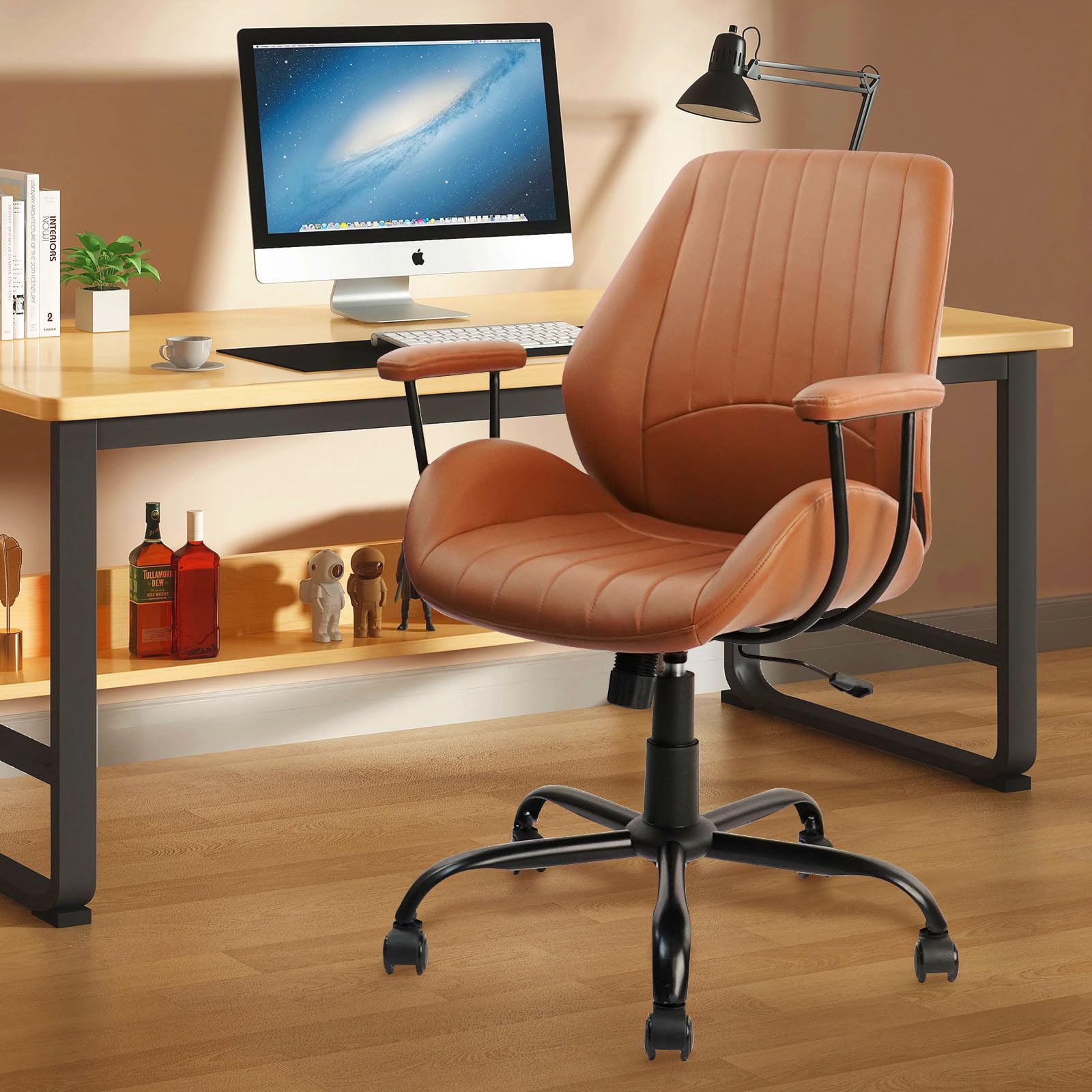 Mid-Back Home Office Desk Chair PU Padded - Beige