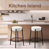 Modern Round Counter Height Stools with Soft Padded Boucle, 27.56" Seat Barstools with Black Metal Legs, White Bar Stool with Footrest for Kitchen Island