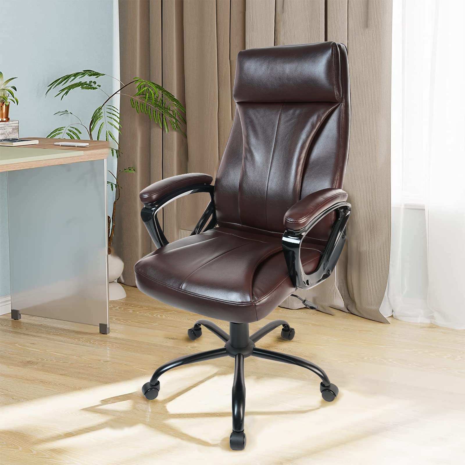 CLATINA High Back Leather Office Chair, Ergonomic Executive Computer Desk Chair with Lumbar Support and Padded Armrests, Adjustable Swivel Rolling Chair for Home Office, Red Brown