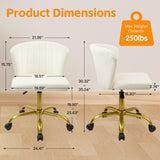 CLATINA Home Desk Chair Velvet Upholstered Gold Base Comfortable Ergonomic Armless Modern Vanity Chairs Adjustable Height with Wheels Swivel Task Chair for Study Living Room Bedroom, White