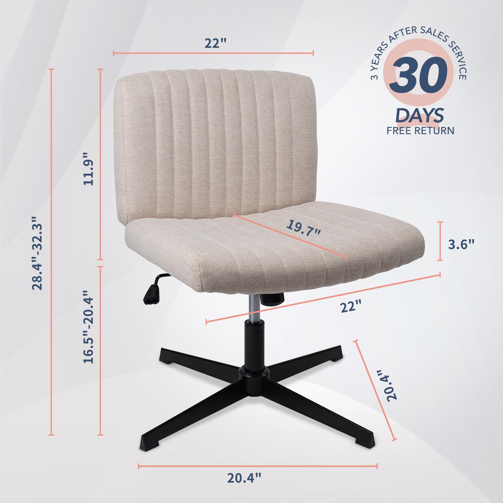 KLASIKA Ergonomic Office Chair, Armless Desk Chairs No Wheels, Adjustable Swivel Linen Fabric Computer Chair for Home Bedroom Office, Beige