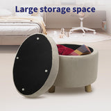 CLATINA 20'' Round Storage Ottoman with Storage, Linen Fabric Cushion Footstool with Removable Lid and Wooden Legs, Foot Rest Ottoman for Bedroom Living Room, Beige