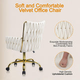 CLATINA Velvet Home Office Chair, Modern Ergonomic Swivel Vanity Chair with Arm and Wheels, Mid Back Desk Chair with Gold Base for Computer Study Makeup Living Room Bedroom, White