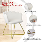 CLATINA Velvet Living Room Chair, Vanity Chair with Back, Shell Accent Chair, Makeup Chair Desk Chair No Wheels with Golden Metal Legs for Living Room Bedroom Dressing Room Study Home, White