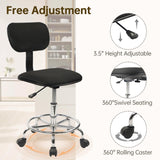 Drafting Chair Rolling Stool Adjustable Height with Back Support Foot Rest and Wheels Multi-Purpose Desk Chair for Home Office Bar Kitchen Shop, Black