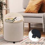 Round Storage Ottoman, Upholstered Velvet Vanity Stool with Lumbar Support, Swivel Rolling Wheels, Small Foot Stools Coffee Table Padded Seat for Makeup Room, Living Room, Bedroom (Beige)