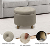 CLATINA 20'' Round Storage Ottoman with Storage, Linen Fabric Cushion Footstool with Removable Lid and Wooden Legs, Foot Rest Ottoman for Bedroom Living Room, Beige