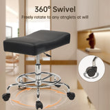 Extra Wide Rolling Stool PU Leather Thickened Seat Cushion with Foot Rest Adjustable Height Swivel with Wheels for Spa Salon Tattoo Work Massage Barstool, Black