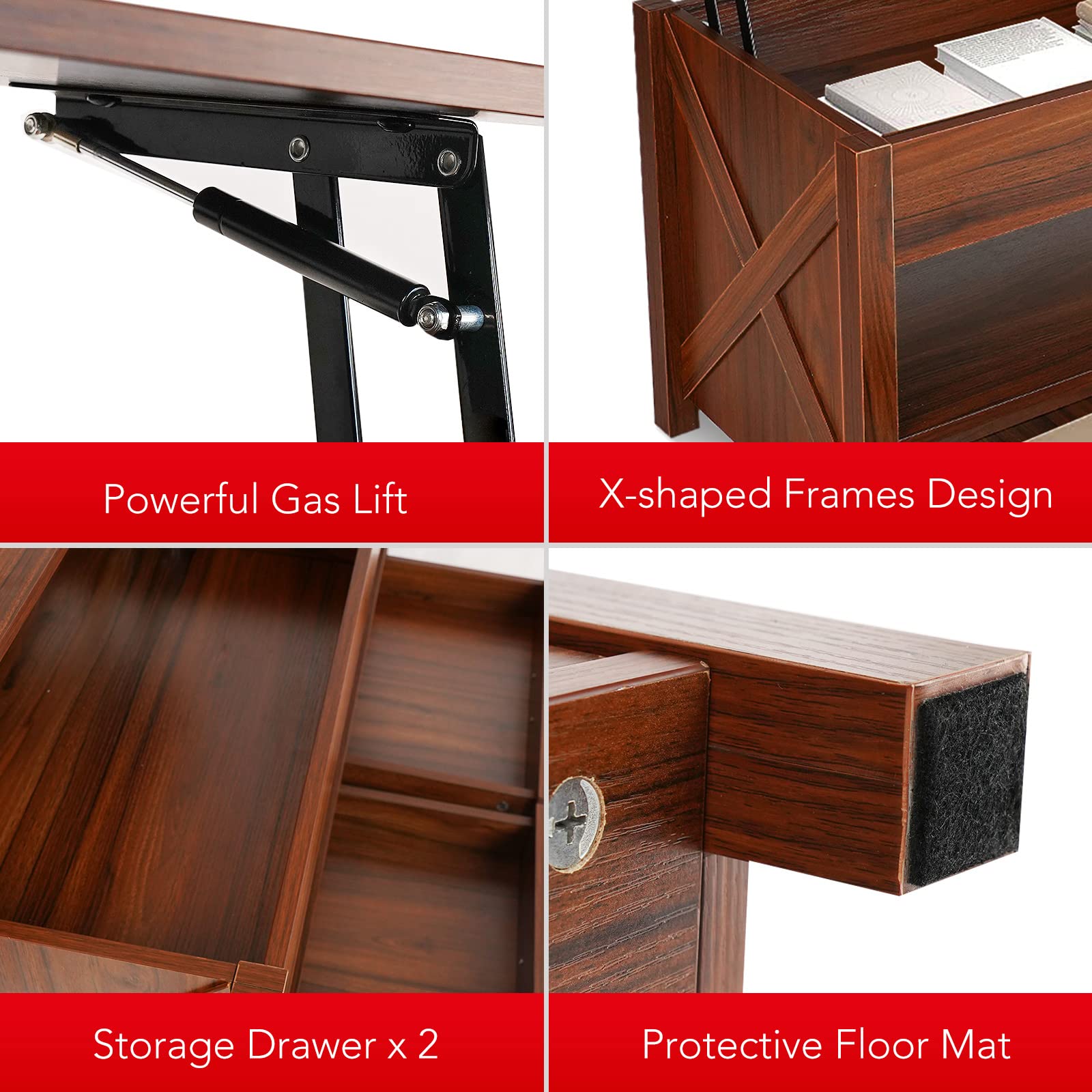 CLATINA Lift Top Coffee Table Coffee Table with 2 Drawer Storage Shelf Hidden Compartment Adjustable Wood Coffee Tables for Living Room Reception Room Office Wood 43.3'' L Brown
