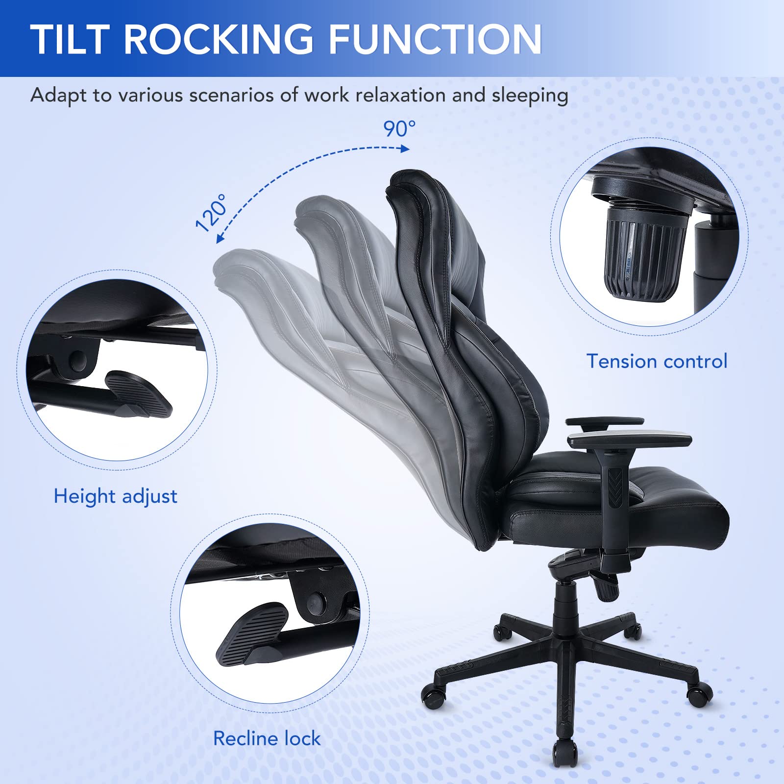CLATINA Big & Tall 400lb Executive Office Chair, Leather Ergonomic Computer Desk Swivel Chair with Thick Padding Headrest and 3D Adjustable Armrest for Heavy People, Heavy Duty Design