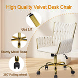 CLATINA Velvet Home Office Chair, Modern Ergonomic Swivel Vanity Chair with Arm and Wheels, Mid Back Desk Chair with Gold Base for Computer Study Makeup Living Room Bedroom, White