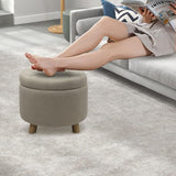 CLATINA 20'' Round Storage Ottoman with Storage, Linen Fabric Cushion Footstool with Removable Lid and Wooden Legs, Foot Rest Ottoman for Bedroom Living Room, Beige