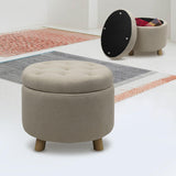 CLATINA 20'' Round Storage Ottoman with Storage, Linen Fabric Cushion Footstool with Removable Lid and Wooden Legs, Foot Rest Ottoman for Bedroom Living Room, Beige