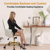 CLATINA Velvet Home Office Chair, Modern Ergonomic Swivel Vanity Chair with Arm and Wheels, Mid Back Desk Chair with Gold Base for Computer Study Makeup Living Room Bedroom, White