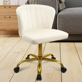 CLATINA Home Desk Chair Velvet Upholstered Gold Base Comfortable Ergonomic Armless Modern Vanity Chairs Adjustable Height with Wheels Swivel Task Chair for Study Living Room Bedroom, White