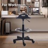 Drafting Rolling Stool Adjustable Height with Foot Rest Breathable PU Seat Cushion Swivel Stools with Wheels, Multi-Purpose Work Stool for Shop, Task, Salon, Black