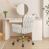 CLATINA Velvet Home Office Chair, Modern Ergonomic Swivel Vanity Chair with Arm and Wheels, Mid Back Desk Chair with Gold Base for Computer Study Makeup Living Room Bedroom, White