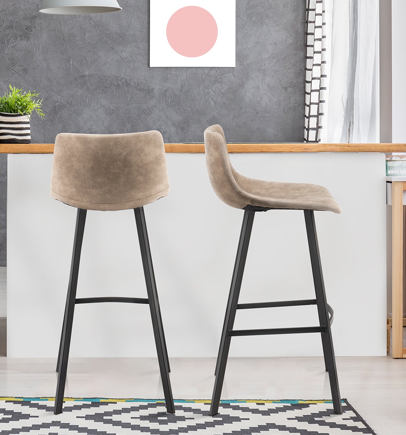 NOVIGO Urban Industrial Bar Stool 38 Inches with Backrest and Footrest for Cafes Height Stools, Vintage Pub Bars,Living Room,Kitchen,Set of 2,Geometric Design Bottom Support