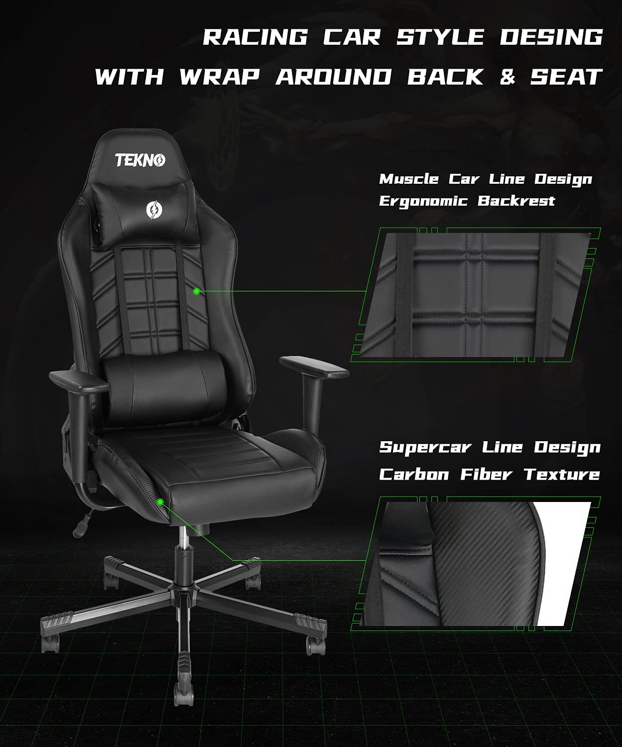 TEKNO Gaming Chairs for Adults, Ergonomic Swivel Gaming Chair with Headrest and Lumbar Support (Black)…