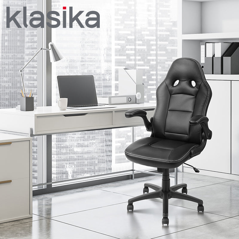 KLASIKA Computer Office Gaming Chair, Ergonomic Swivel Video Game Chairs with Flip Up Armrest Adjustable High Back Leather Desk Chair for Adults Women Men, Black