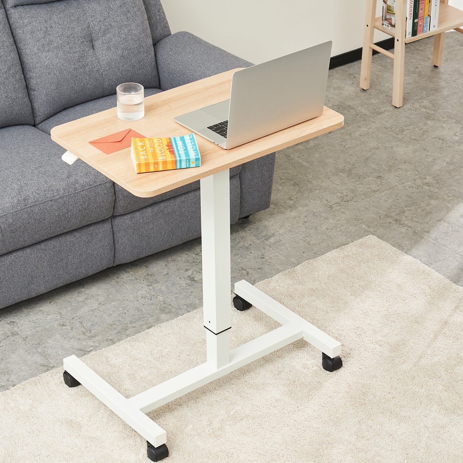 CLATINA Mobile Laptop Desk Pneumatic Sit to Stand Table Height Adjustable Rolling Cart with Lockable Wheels for Home Office Computer Workstation 28" x 19" White Round Edge Design Elegant - Fidel