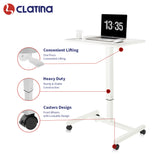 CLATINA Mobile Laptop Desk Pneumatic Sit to Stand Table Height Adjustable Rolling Cart with Lockable Wheels for Home Office Computer Workstation 28" x 19" White Round Edge Design Elegant - Fidel