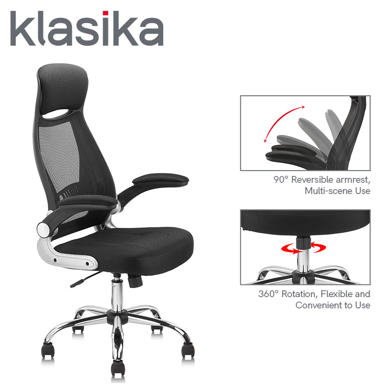 KLASIKA High Back Mesh Office Desk Chair with Support and Flip Up Armrest for Home Women Men Computer Black
