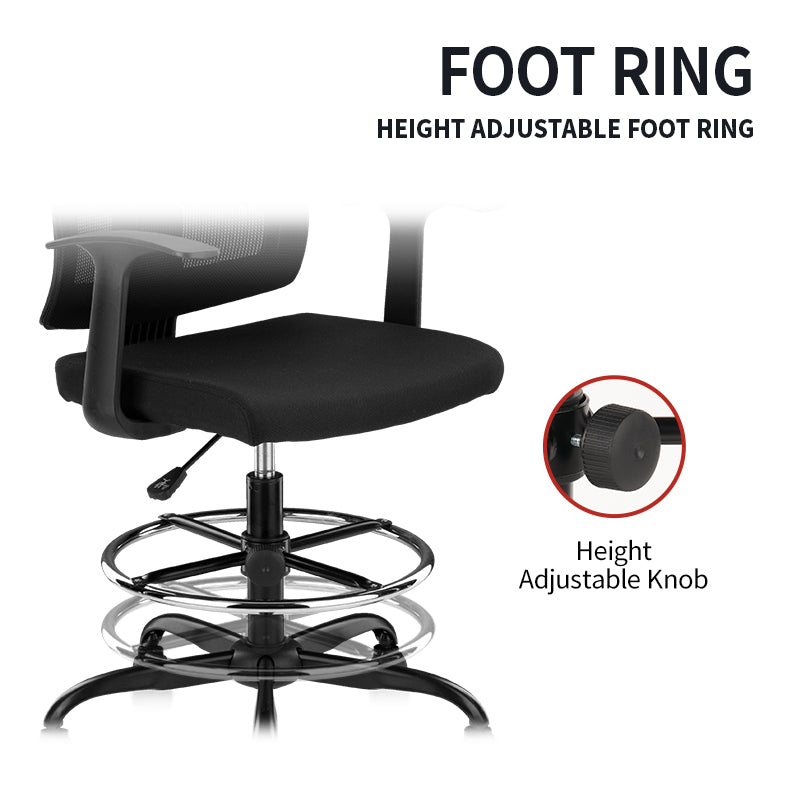 CLATINA Adjustable Drafting Chair with Breathable Mesh Backrest and Foot Ring for Home Office Black