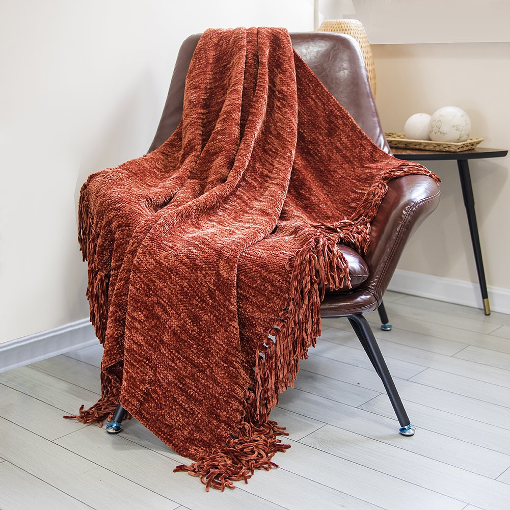 DOZZZ Thick Fluffy Chenille Knitted Throw Blanket with Decorative Fringe and Striped for Couch Cover Sofa Chair Bed Gift