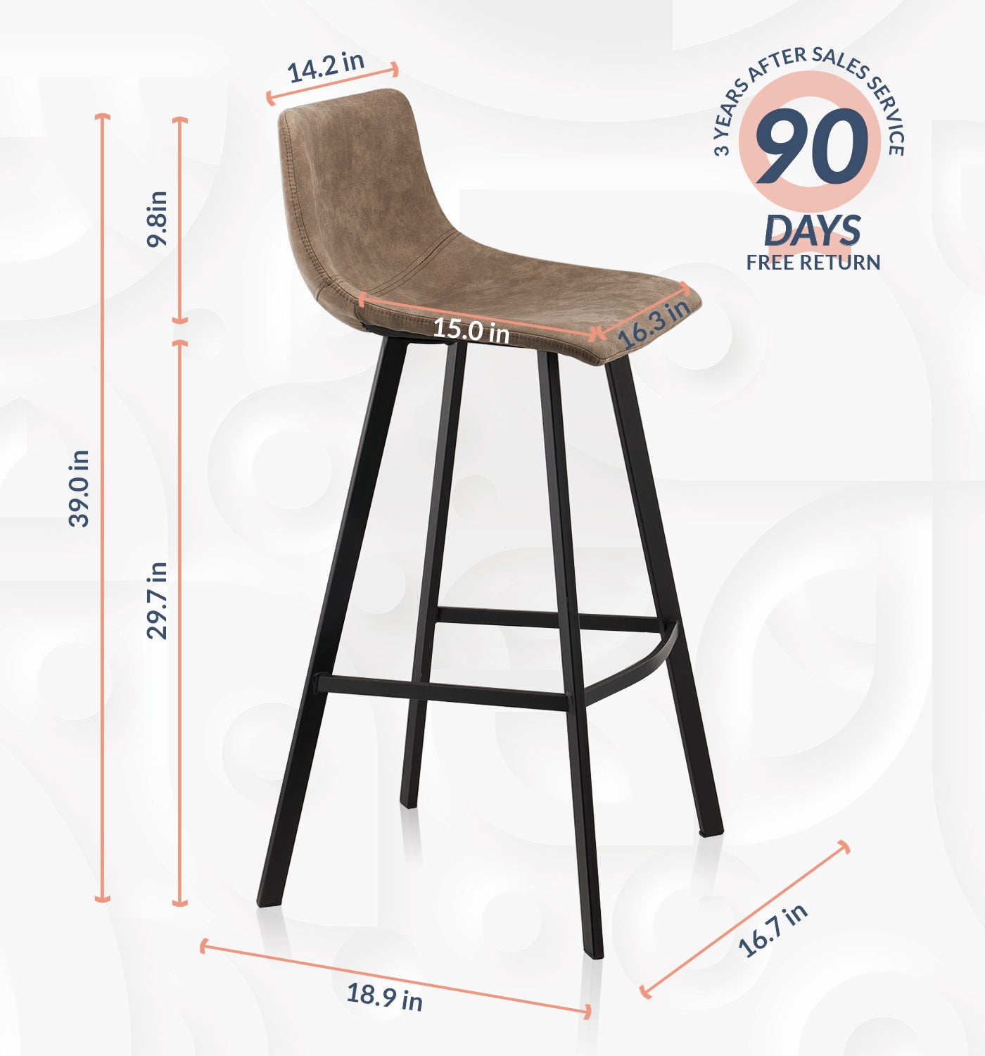 NOVIGO Urban Industrial Bar Stool 38 Inches with Backrest and Footrest for Cafes Height Stools, Vintage Pub Bars,Living Room,Kitchen,Set of 2,Geometric Design Bottom Support